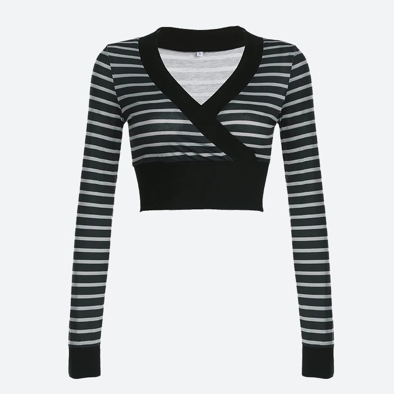 Stylish Work Outfits, Outfit Summer Ideas Grunge Striped Wrap Crop Top Stylish Work Outfits, Outfit Summer Ideas Grunge Striped Wrap Crop Top