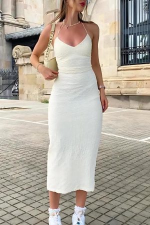 Stylish Work Outfits, Outfit Summer Ideas Halter Neck Backless Split Midi Dress