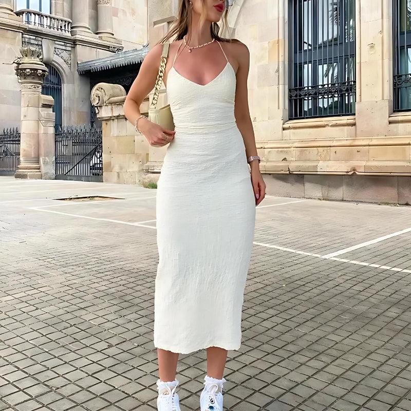 Stylish Work Outfits, Outfit Summer Ideas Halter Neck Backless Split Midi Dress
