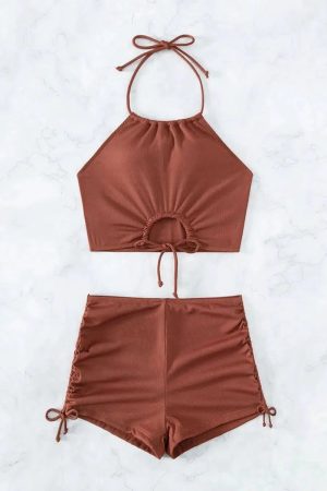 Stylish Work Outfits, Outfit Summer Ideas Halter Top & Swim Shorts Bikini Set