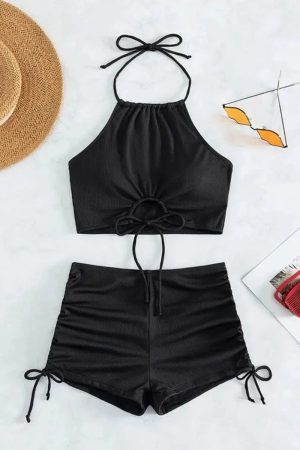 Stylish Work Outfits, Outfit Summer Ideas Halter Top & Swim Shorts Bikini Set
