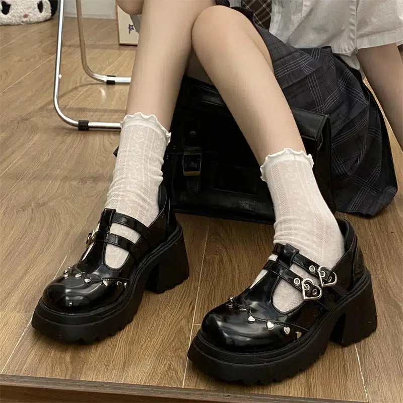 Stylish Work Outfits, Outfit Summer Ideas Heart Buckled Platform Mary Jane Shoes