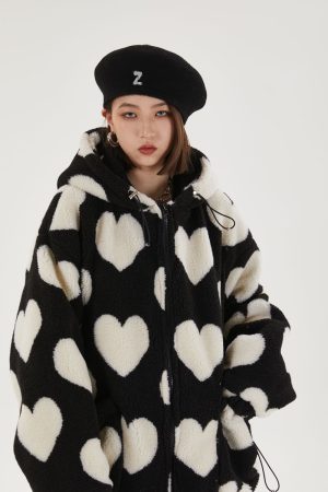 Stylish Work Outfits, Outfit Summer Ideas Heart Pattern Hooded Jacket