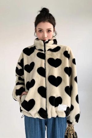 Stylish Work Outfits, Outfit Summer Ideas Heart Pattern Teddy Jacket