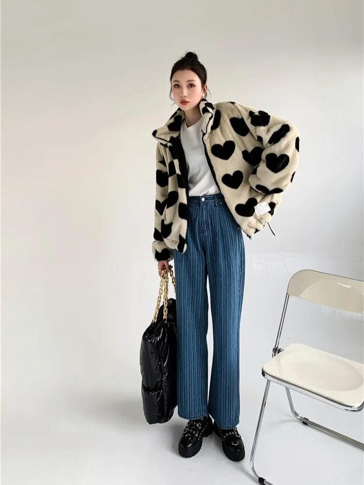 Stylish Work Outfits, Outfit Summer Ideas Heart Pattern Teddy Jacket Stylish Work Outfits, Outfit Summer Ideas Heart Pattern Teddy Jacket