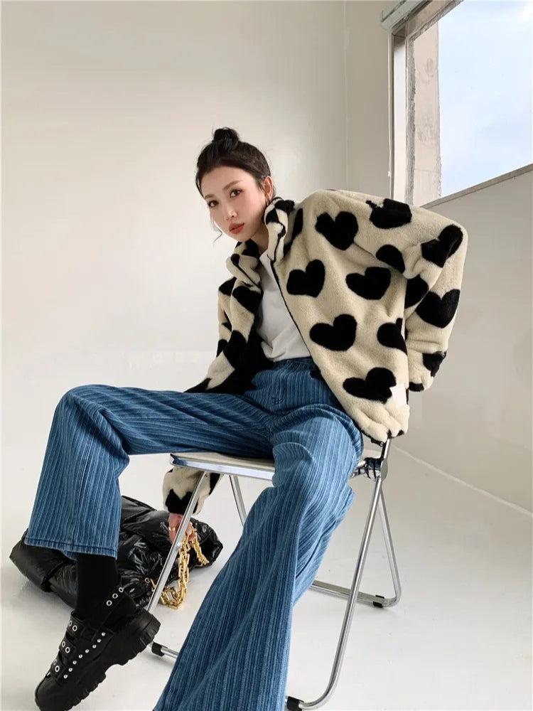 Stylish Work Outfits, Outfit Summer Ideas Heart Pattern Teddy Jacket Stylish Work Outfits, Outfit Summer Ideas Heart Pattern Teddy Jacket