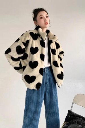 Stylish Work Outfits, Outfit Summer Ideas Heart Pattern Teddy Jacket