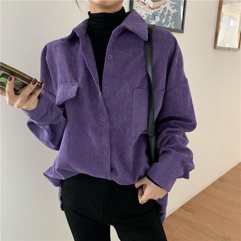 Stylish Work Outfits, Outfit Summer Ideas Indie Purple Corduroy Casual Shirt