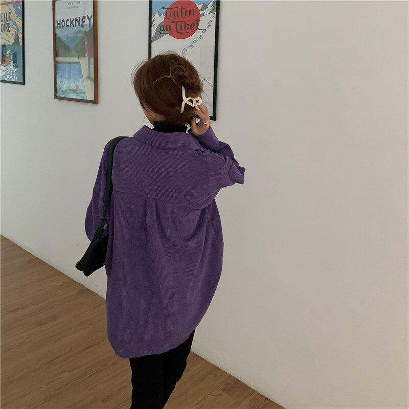 Stylish Work Outfits, Outfit Summer Ideas Indie Purple Corduroy Casual Shirt