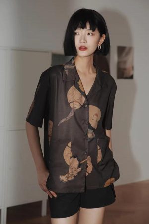 Stylish Work Outfits, Outfit Summer Ideas Japanese Art Short Sleeve Shirt