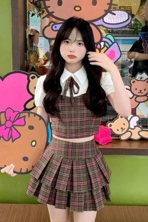 Stylish Work Outfits, Outfit Summer Ideas Kawaii Plaid Two Piece Set
