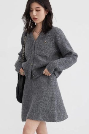 Stylish Work Outfits, Outfit Summer Ideas Knitted Button-Up Cardigan & Mini Skirt Two Piece Set