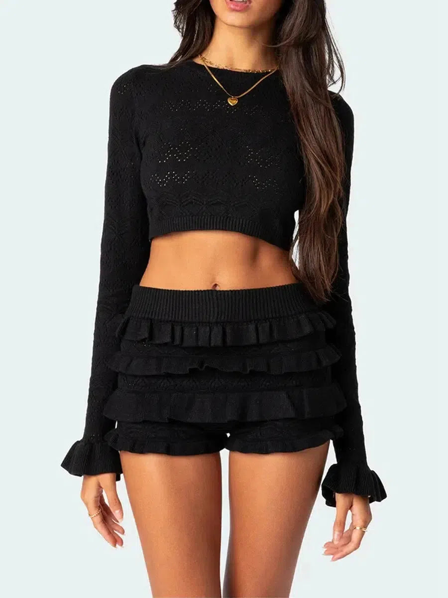 Stylish Work Outfits, Outfit Summer Ideas Knitted Crop Top & Ruffled Shorts Two Piece Set Stylish Work Outfits, Outfit Summer Ideas Knitted Crop Top & Ruffled Shorts Two Piece Set