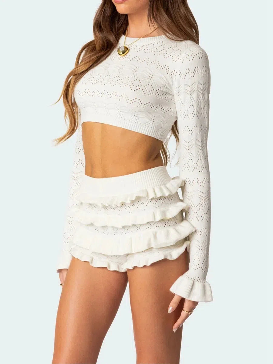 Stylish Work Outfits, Outfit Summer Ideas Knitted Crop Top & Ruffled Shorts Two Piece Set Stylish Work Outfits, Outfit Summer Ideas Knitted Crop Top & Ruffled Shorts Two Piece Set
