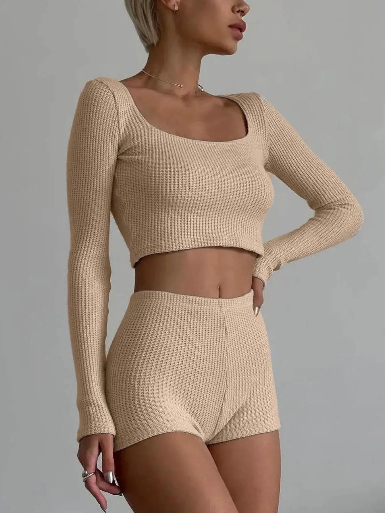 Stylish Work Outfits, Outfit Summer Ideas Knitted Crop Top & Shorts Two Piece Set Stylish Work Outfits, Outfit Summer Ideas Knitted Crop Top & Shorts Two Piece Set