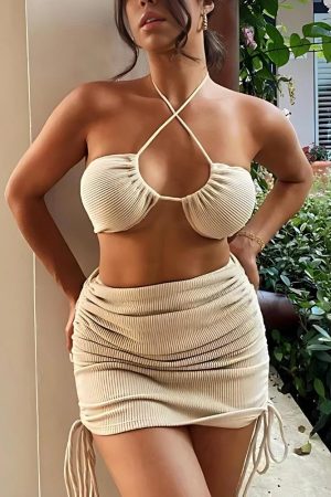 Stylish Work Outfits, Outfit Summer Ideas Knitted Drawstring Crop Top & Mini Skirt Two Piece Set