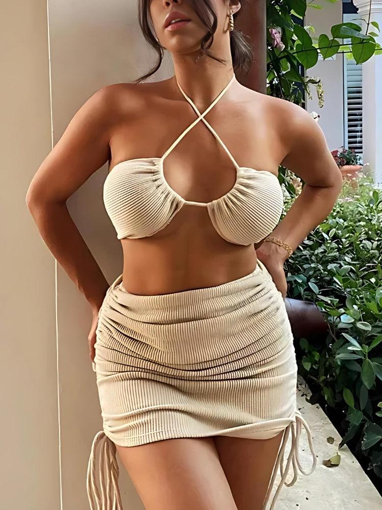 Stylish Work Outfits, Outfit Summer Ideas Knitted Drawstring Crop Top & Mini Skirt Two Piece Set Stylish Work Outfits, Outfit Summer Ideas Knitted Drawstring Crop Top & Mini Skirt Two Piece Set