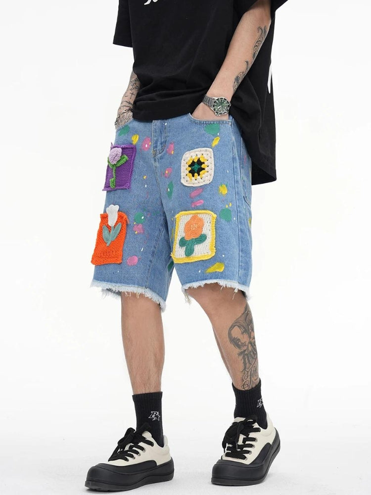 Stylish Work Outfits, Outfit Summer Ideas Knitted Flower Patch Denim Shorts Stylish Work Outfits, Outfit Summer Ideas Knitted Flower Patch Denim Shorts