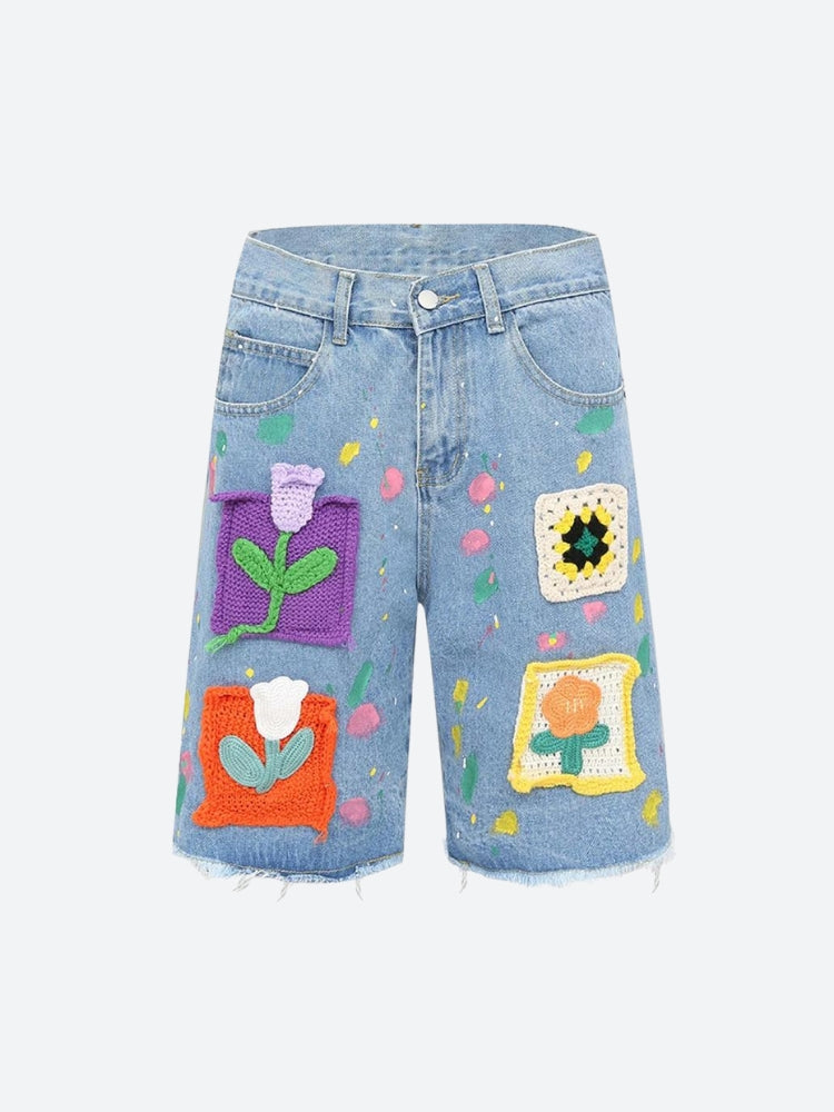 Stylish Work Outfits, Outfit Summer Ideas Knitted Flower Patch Denim Shorts Stylish Work Outfits, Outfit Summer Ideas Knitted Flower Patch Denim Shorts