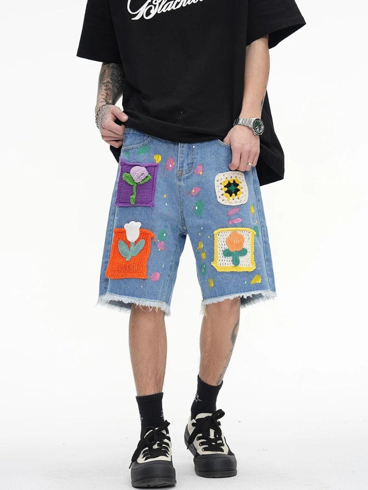 Stylish Work Outfits, Outfit Summer Ideas Knitted Flower Patch Denim Shorts Stylish Work Outfits, Outfit Summer Ideas Knitted Flower Patch Denim Shorts