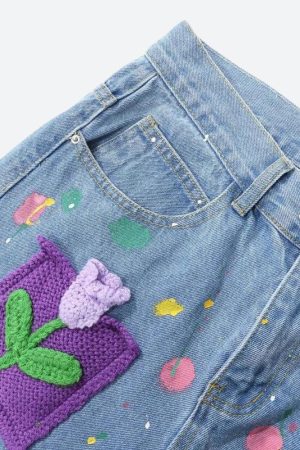Stylish Work Outfits, Outfit Summer Ideas Knitted Flower Patch Denim Shorts