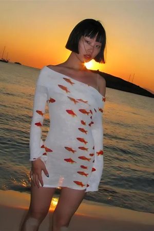 Stylish Work Outfits, Outfit Summer Ideas Koi Fish Printed Mesh Mini Dress