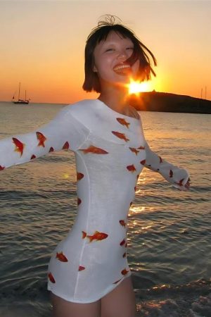 Stylish Work Outfits, Outfit Summer Ideas Koi Fish Printed Mesh Mini Dress