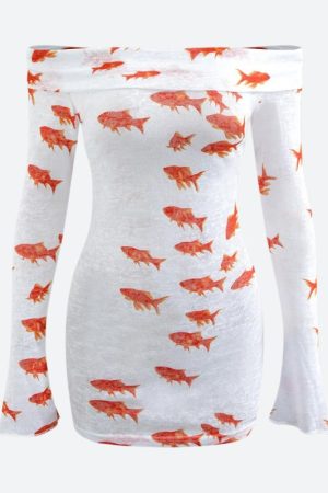 Stylish Work Outfits, Outfit Summer Ideas Koi Fish Printed Mesh Mini Dress