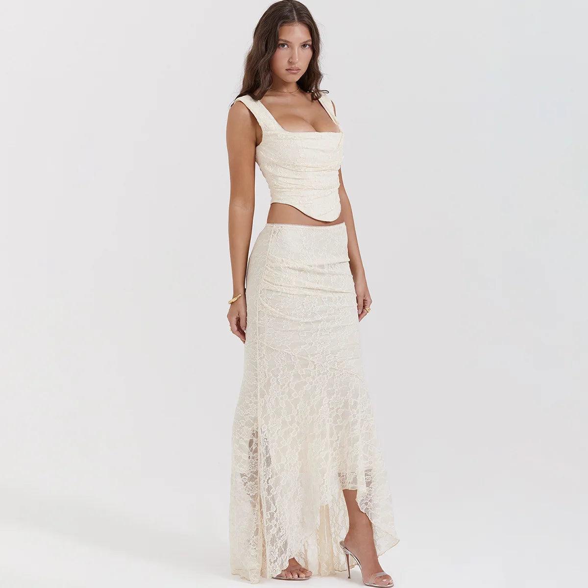 Stylish Work Outfits, Outfit Summer Ideas Lace Corset & Asymmetric Midi Skirt Two Piece Set Stylish Work Outfits, Outfit Summer Ideas Lace Corset & Asymmetric Midi Skirt Two Piece Set