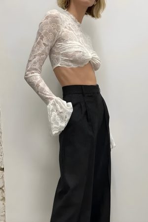Stylish Work Outfits, Outfit Summer Ideas Lace Flare Cuffs Crop Top