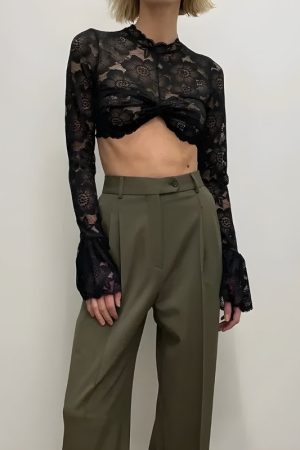 Stylish Work Outfits, Outfit Summer Ideas Lace Flare Cuffs Crop Top