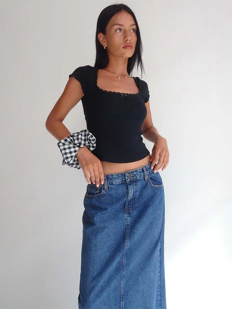 Stylish Work Outfits, Outfit Summer Ideas Lace Trim Baby Tee Stylish Work Outfits, Outfit Summer Ideas Lace Trim Baby Tee