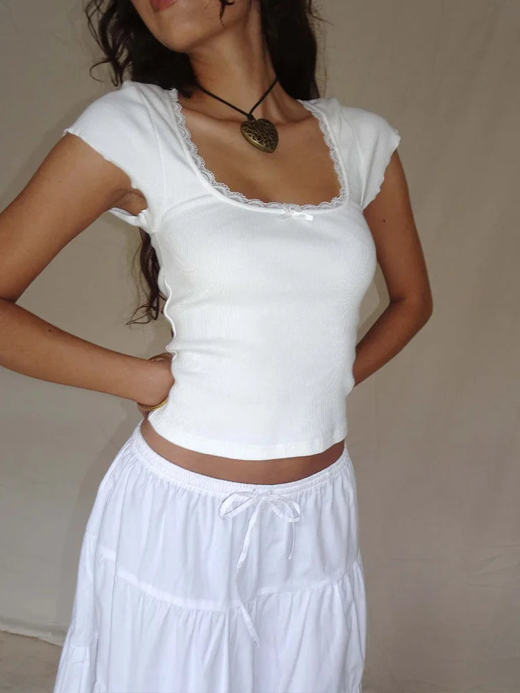 Stylish Work Outfits, Outfit Summer Ideas Lace Trim Baby Tee Stylish Work Outfits, Outfit Summer Ideas Lace Trim Baby Tee