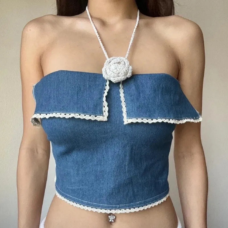 Stylish Work Outfits, Outfit Summer Ideas Lace Trim Denim Tube Top Stylish Work Outfits, Outfit Summer Ideas Lace Trim Denim Tube Top