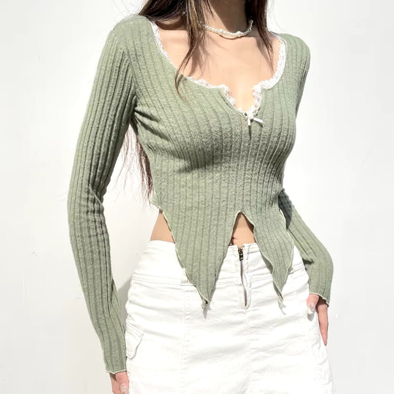 Stylish Work Outfits, Outfit Summer Ideas Lace Trim Slit Plush Top