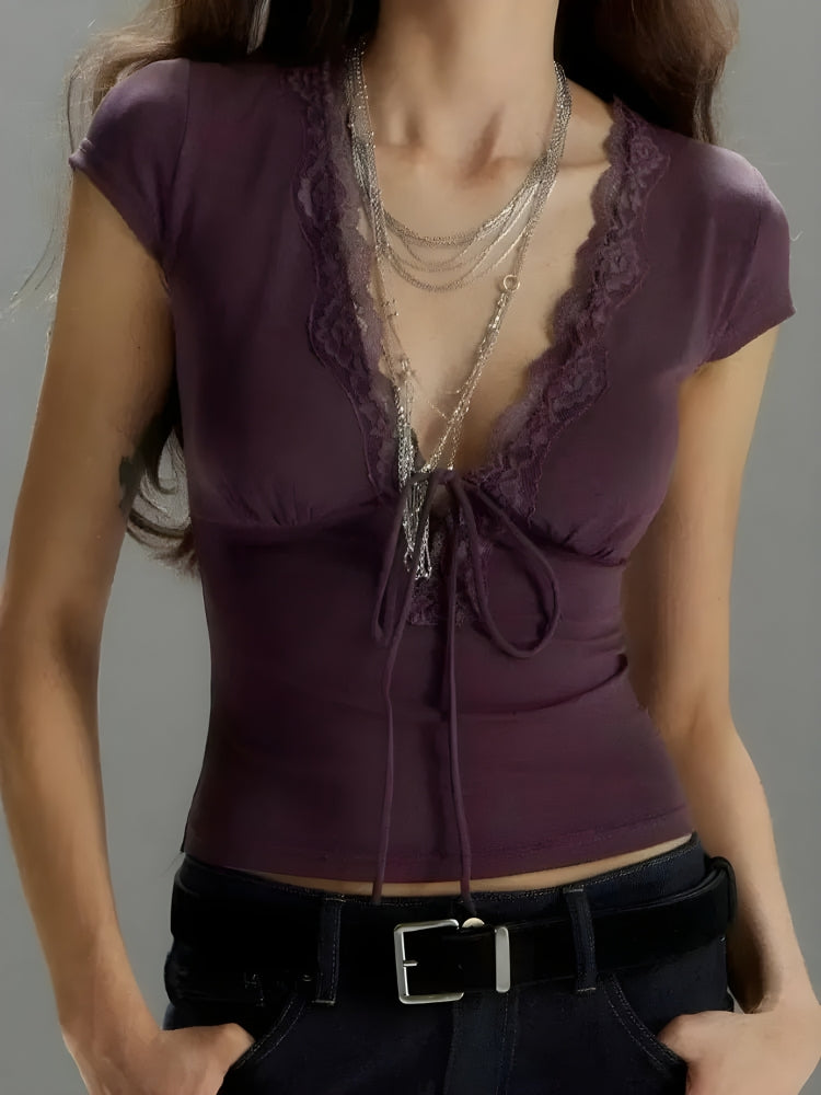 Stylish Work Outfits, Outfit Summer Ideas Lace Trim Tie Front Top