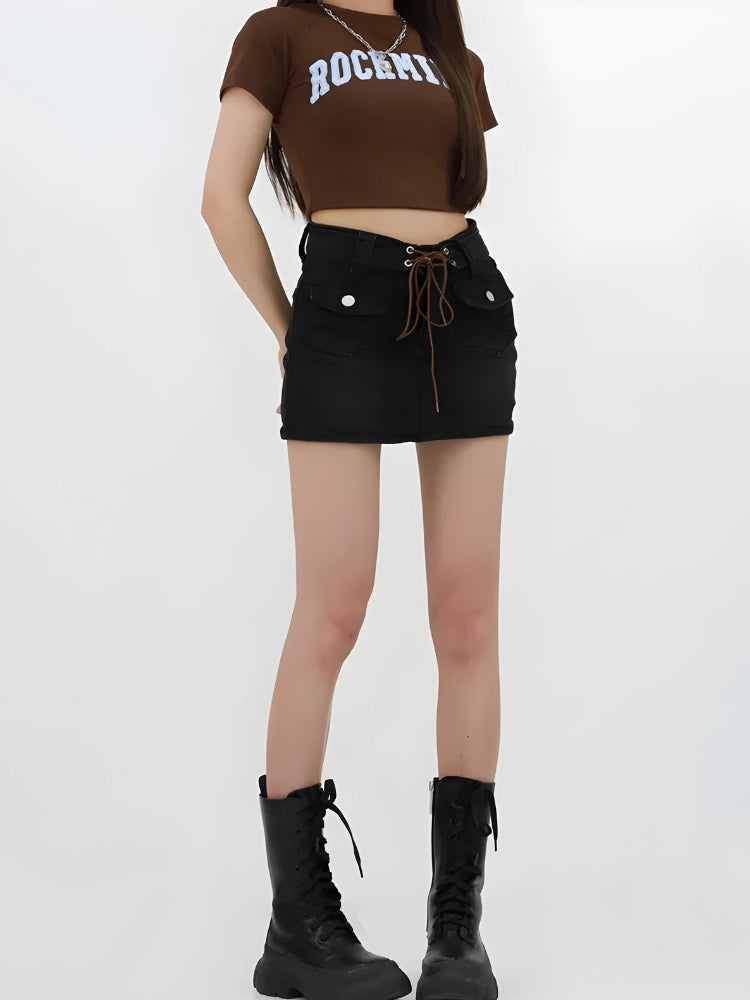Stylish Work Outfits, Outfit Summer Ideas Lace Up Belted Denim Mini Skort Stylish Work Outfits, Outfit Summer Ideas Lace Up Belted Denim Mini Skort