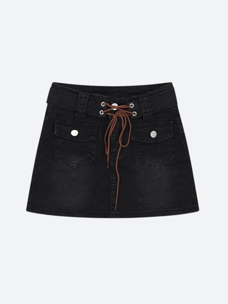 Stylish Work Outfits, Outfit Summer Ideas Lace Up Belted Denim Mini Skort Stylish Work Outfits, Outfit Summer Ideas Lace Up Belted Denim Mini Skort