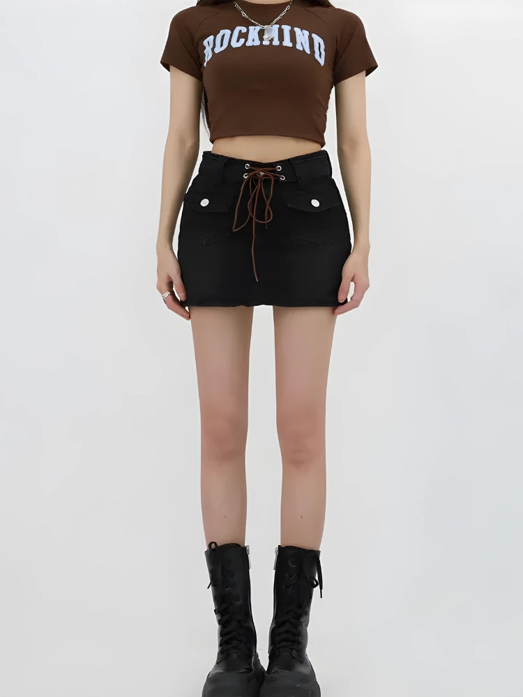 Stylish Work Outfits, Outfit Summer Ideas Lace Up Belted Denim Mini Skort