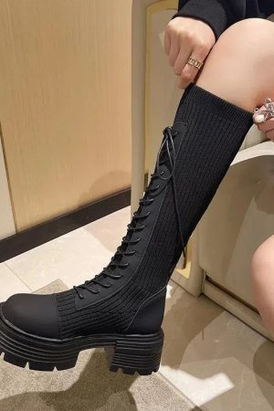 Stylish Work Outfits, Outfit Summer Ideas Lace Up Chunky Sock Boots