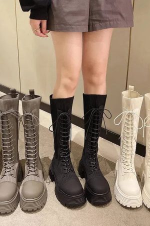 Stylish Work Outfits, Outfit Summer Ideas Lace Up Chunky Sock Boots