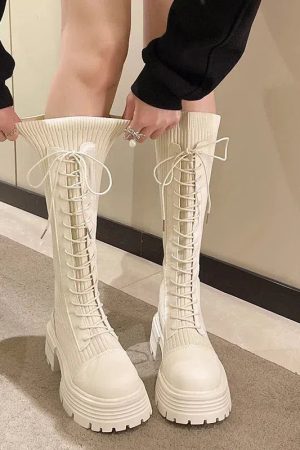 Stylish Work Outfits, Outfit Summer Ideas Lace Up Chunky Sock Boots