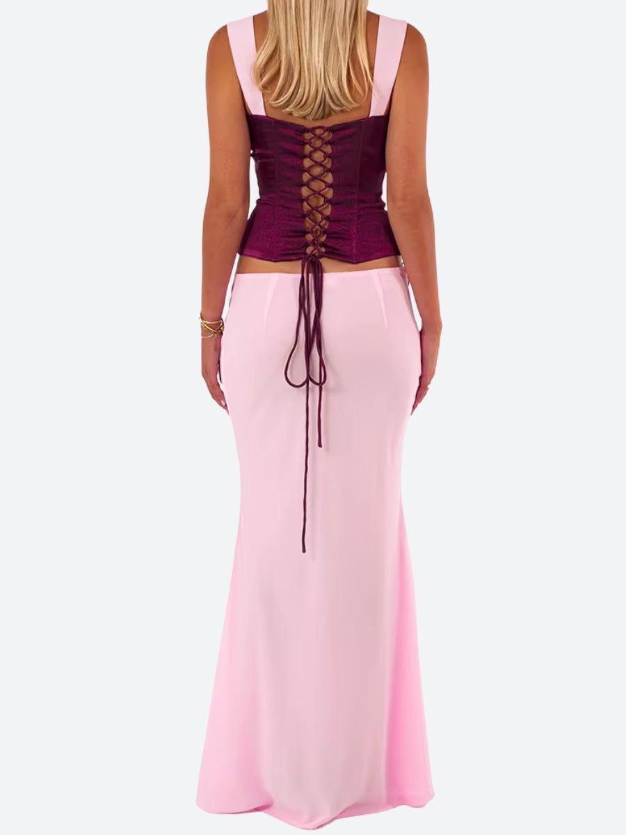 Stylish Work Outfits, Outfit Summer Ideas Lace Up Corset Top & Maxi Skirt Two Piece Set Stylish Work Outfits, Outfit Summer Ideas Lace Up Corset Top & Maxi Skirt Two Piece Set