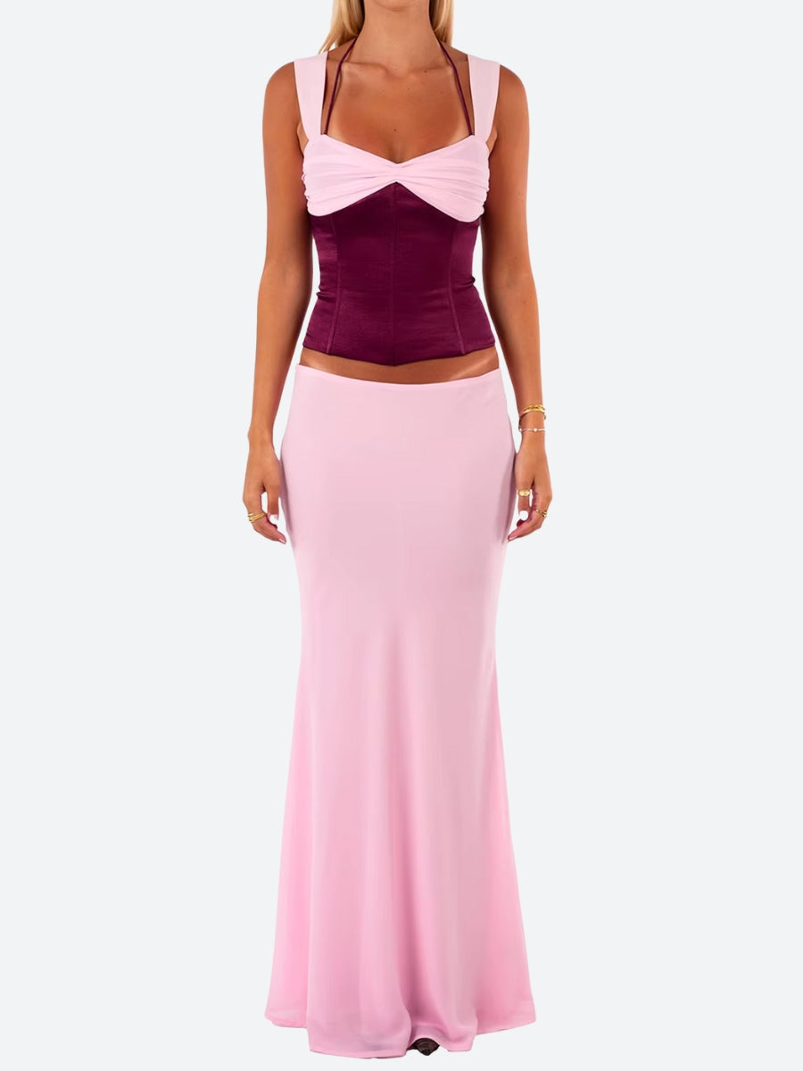 Stylish Work Outfits, Outfit Summer Ideas Lace Up Corset Top & Maxi Skirt Two Piece Set Stylish Work Outfits, Outfit Summer Ideas Lace Up Corset Top & Maxi Skirt Two Piece Set