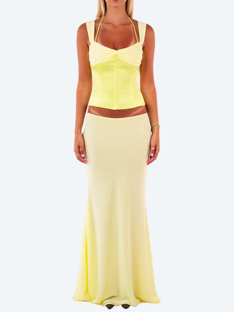 Stylish Work Outfits, Outfit Summer Ideas Lace Up Corset Top & Maxi Skirt Two Piece Set Stylish Work Outfits, Outfit Summer Ideas Lace Up Corset Top & Maxi Skirt Two Piece Set