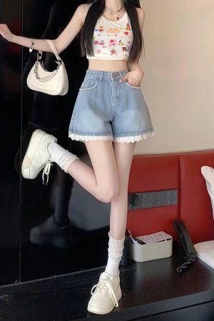 Stylish Work Outfits, Outfit Summer Ideas Lace Wide Leg Denim Shorts