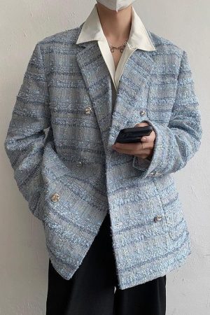 Stylish Work Outfits, Outfit Summer Ideas Lapel Collar Blue Tweed Blazer