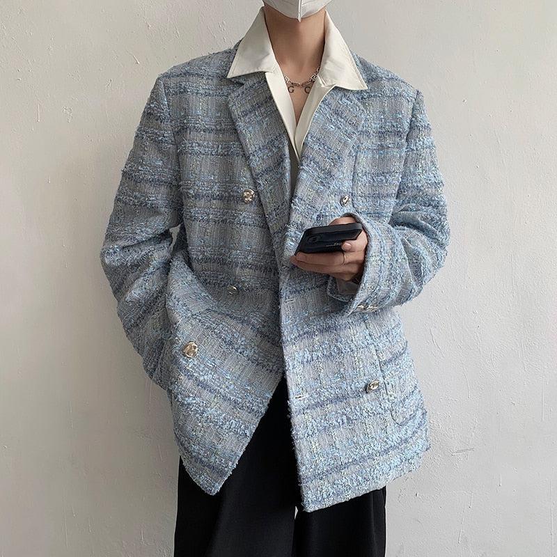 Stylish Work Outfits, Outfit Summer Ideas Lapel Collar Blue Tweed Blazer