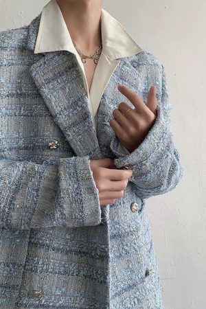 Stylish Work Outfits, Outfit Summer Ideas Lapel Collar Blue Tweed Blazer
