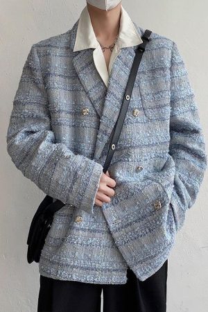 Stylish Work Outfits, Outfit Summer Ideas Lapel Collar Blue Tweed Blazer